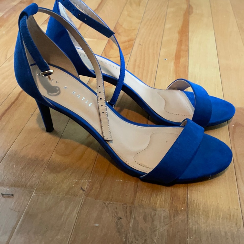 Blue suede ankle strap heel